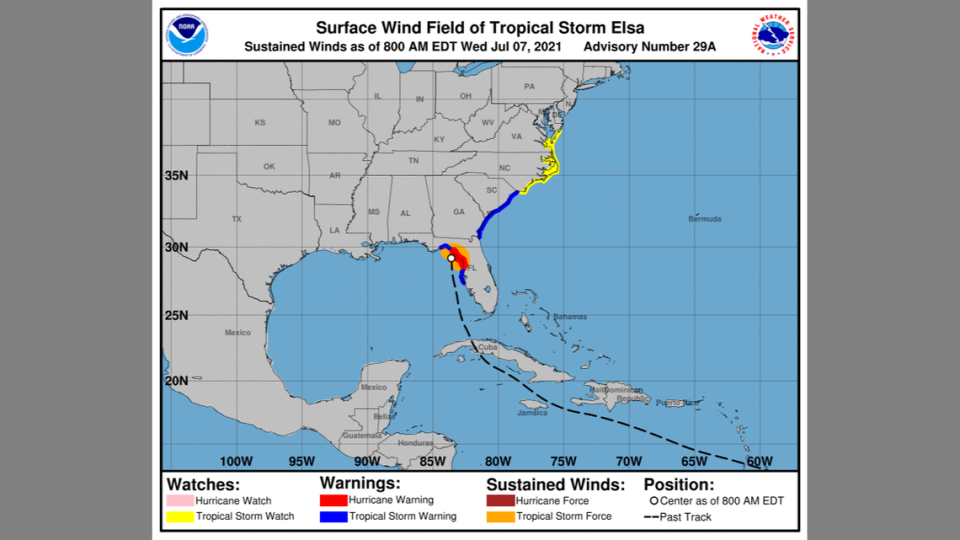 A map from the National Hurricane Center shows where tropical storm watches and warnings have been issued along the North Carolina and South Carolina coasts as of 8 a.m. Wednesday.