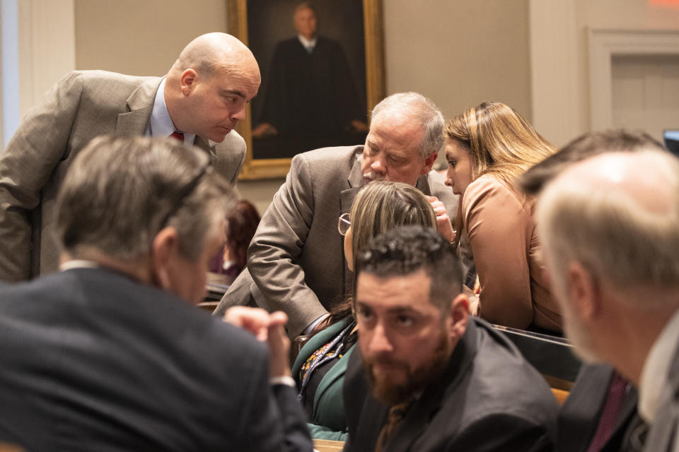 Prosecutors talk together during the double murder trial of Alex Murdaugh at the Colleton County Courthouse in Walterboro, S.C., Thursday, Feb. 2, 2023. (Andrew J. Whitaker/The Post And Courier via AP, Pool)