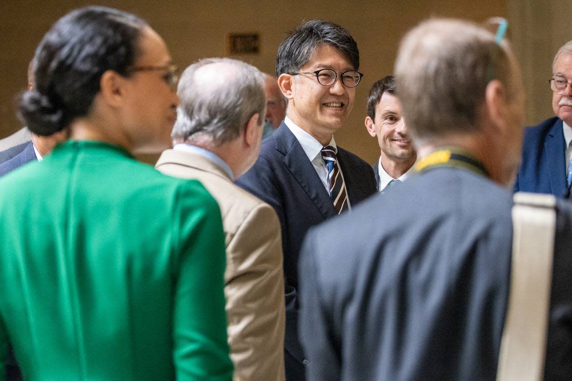 Toyota’s new CEO Koji Sato waits to be introduced on the House Floor during a tour of the General Assembly Thursday, June 22, 2023 at the North Carolina State Legislative Building in Raleigh.