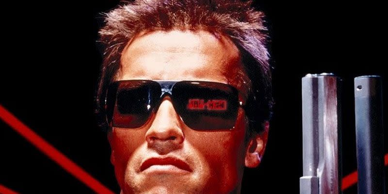 terminator poster, arnold schwarzenegger in the shades with the gun