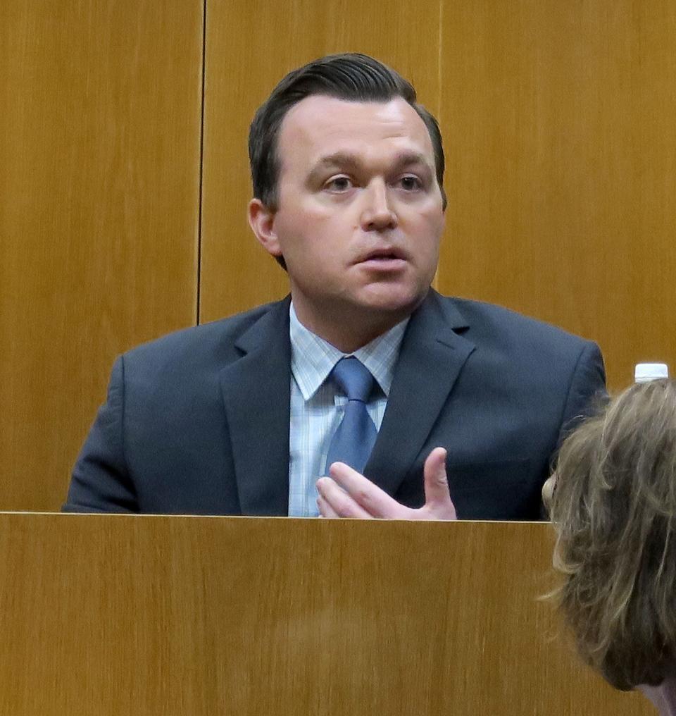 Nurse practitioner William Doyle describes Corey Micciolo's condition when his was carried into the emergency room at Southern Ocean County Medical Center by his father Christopher Gregor. Gregor is on trial before Superior Court Judge Guy P. Ryan in Toms River Thursday, May 2, 2024, for the murder of his son.