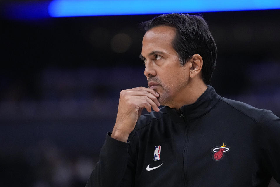 Miami Heat head coach Erik Spoelstra watches from the sideline during the first half of an NBA basketball game against the Indiana Pacers in Indianapolis, Friday, Nov. 4, 2022. (AP Photo/Michael Conroy)
