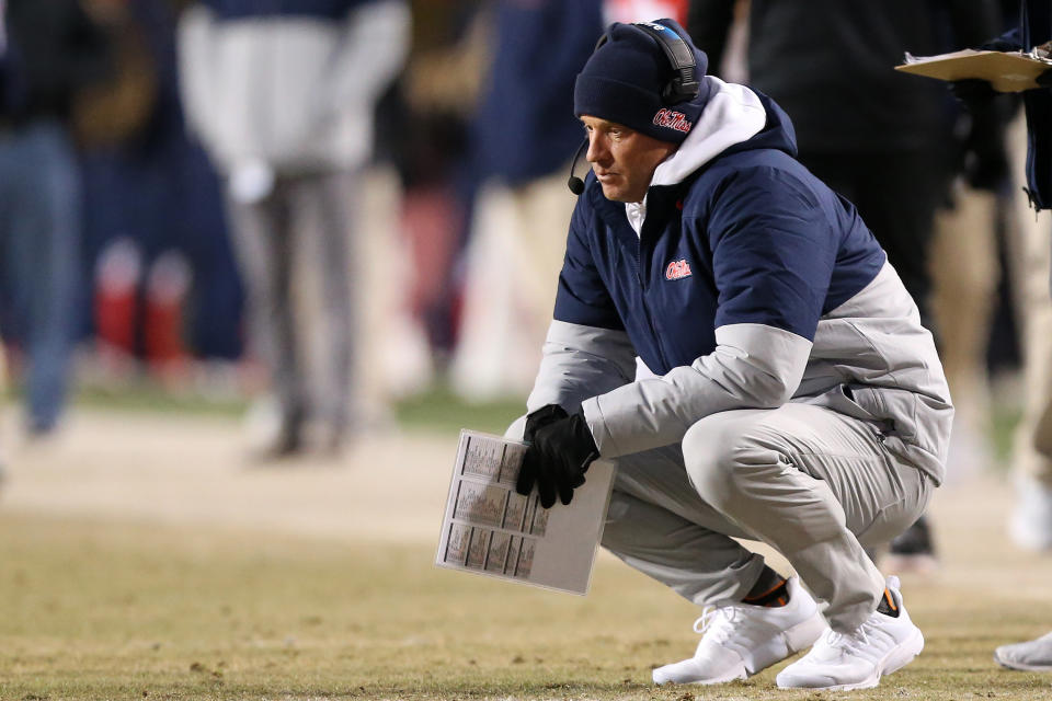 Nov 19, 2022; Fayetteville, Arkansas, USA; Ole Miss Rebels head coach Lane Kiffin during the second quarter against the Arkansas Razorbacks at Donald W. Reynolds Razorback Stadium. Mandatory Credit: Nelson Chenault-USA TODAY Sports