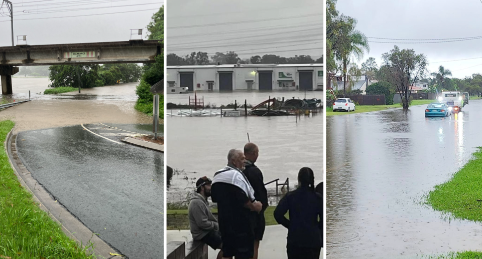 Left, the Queensland floods have obstructed roads with cars submerged in many central and southeast regions of the state (left and right). Middle, residents stand on high ground looking at areas flooded. 