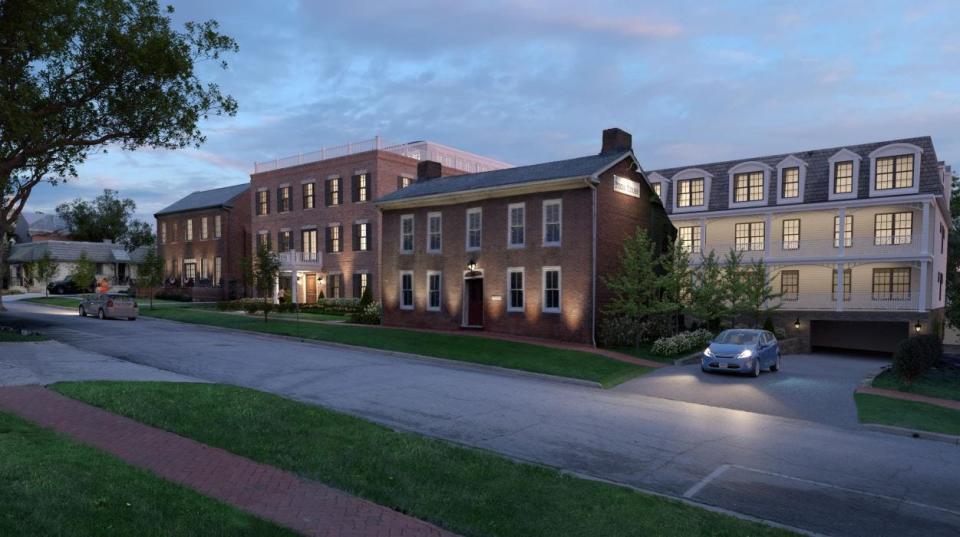 The New England Development Co. has proposed building a 45-to-55-room hotel on West New England Avenue in Worthington. The hotel, the middle building in this rendering, would wrap around the historic Snow House.