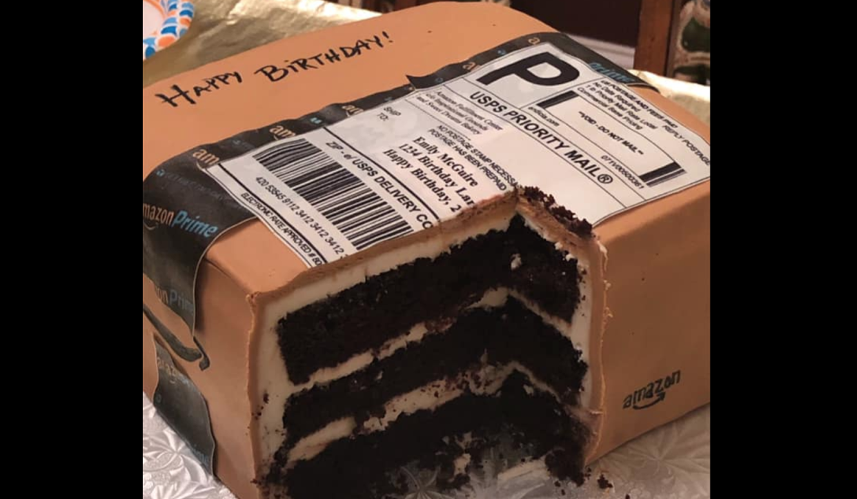 A birthday cake in the shape of an Amazon delivery box has gone viral, and is resonating with anyone who suffers from an "Add to Cart" addiction. (Photo: Emily McGuire Photography)