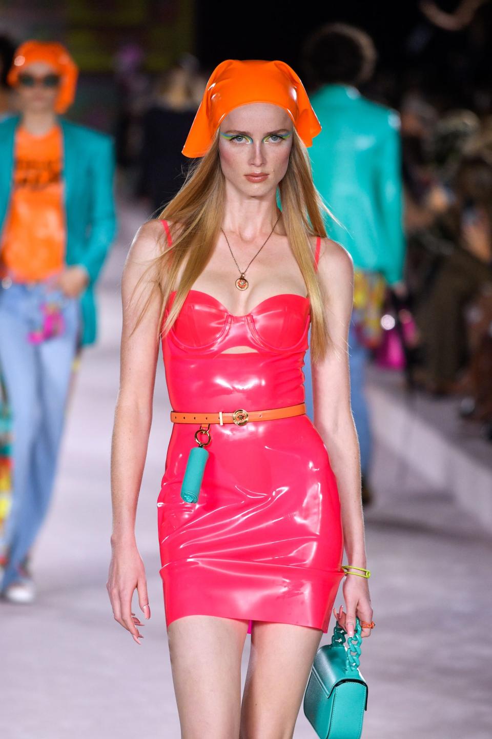 Model Rianne Van Rompaey walks Versace's 2022 runway.