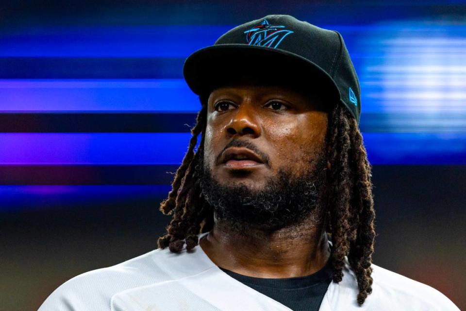 Miami Marlins base runner Josh Bell (9) reacts during the eighth inning of an MLB game against the Philadelphia Phillies at loanDepot park in the Little Havana neighborhood of Miami, Florida, on Wednesday, August 2, 2023.