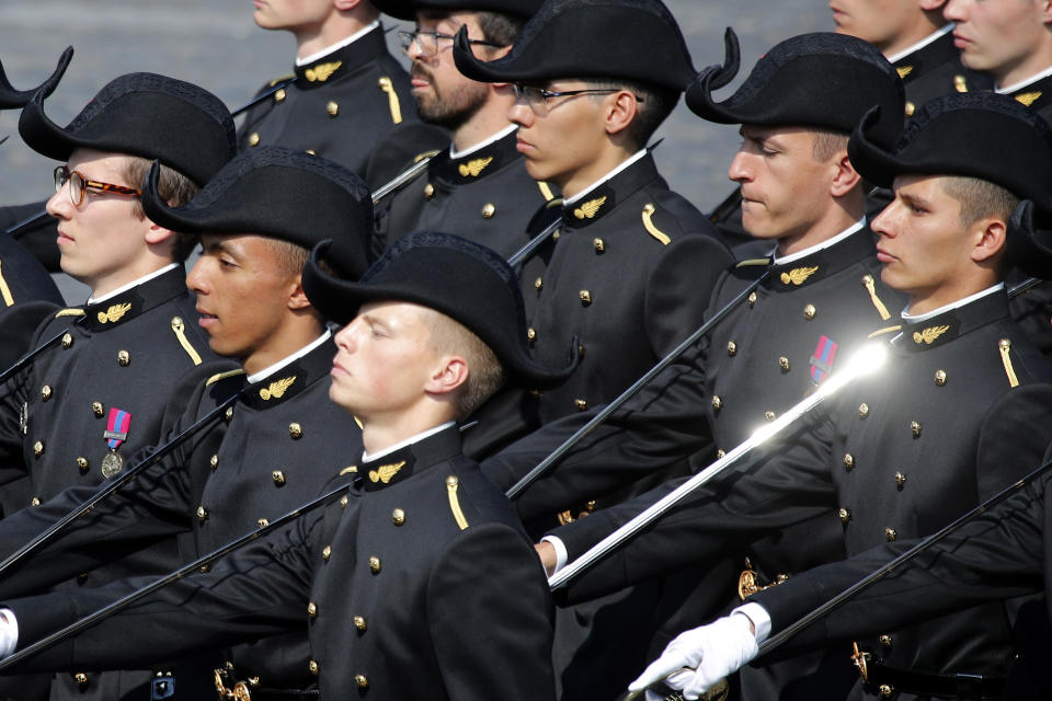 <p>Cadets of the Polytechnique School march down the Champs-Élysées during the Bastille Day parade, in Paris, France, Saturday, July 14, 2018. (Photo: Francois Mori/AP) </p>