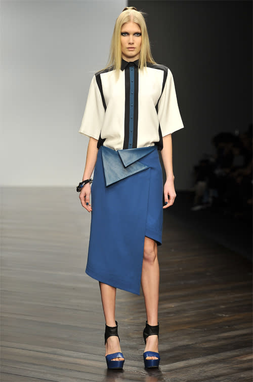 <b>London Fashion Week A/W13: Highlights</b><br><br>Asymetric skirt detailing at Jean-Pierre Braganza<br><br>©Rex