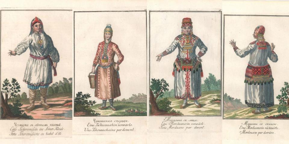 Images from "A Description of All the Nationalities That Inhabit the Russian State," an ethnographic survey of the different nationalities living within the Russian Empire at the end of the 18th century. The book is inscribed to Catherine the Great. Among these images, people of the Chuvash and Mordvin groups.