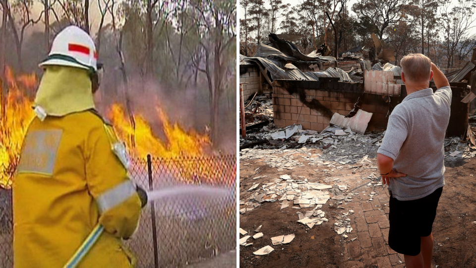 A firefighter sprays a fire with a house - and the right hand side a man surveys a house burned to the ground.