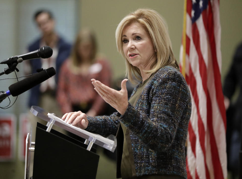 Republican Senate hopeful Marsha Blackburn speaks during a campaign stop Wednesday, Oct. 17, 2018, in Franklin, Tenn. Wednesday is the first day of Tennessee's early voting. (AP Photo/Mark Humphrey)