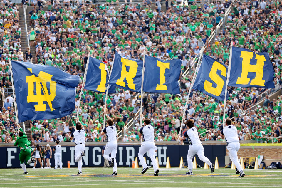 SOUTH BEND, INDIANA – SEPTEMBER 02: The Notre Dame Fighting Irish cheerleaders celebrate a touchdown against the Tennessee State Tigers during the first half at Notre Dame Stadium on September 02, 2023 in South Bend, Indiana. (Photo by Michael Reaves/Getty Images)