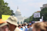<p>Counter protesters gather at Freedom Plaza before the Unite the Right rally in Lafayette Park on August 12, 2018 in Washington, DC. Thousands of protesters are expected to demonstrate against the ‘white civil rights’ rally, which was planned by the organizer of last year’s deadly rally in Charlottesville, Virginia. (Photo: Alex Wroblewski/Getty Images) </p>