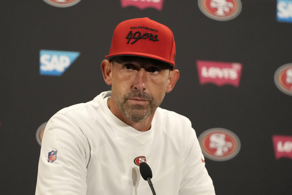 San Francisco 49ers head coach Kyle Shanahan speaks at a news conference after the Green Bay Packers defeated the 49ers in an NFL football game in Santa Clara, Calif., Sunday, Sept. 26, 2021. (AP Photo/Tony Avelar)