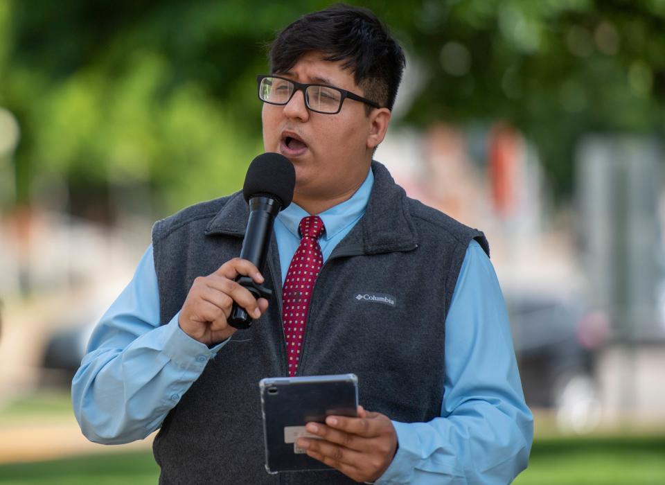 Gabe Whitley holds a rally outside the Winfield K. Denton Federal Building and the U.S. Courthouse in Evansville, Indiana, May 10, 2023.