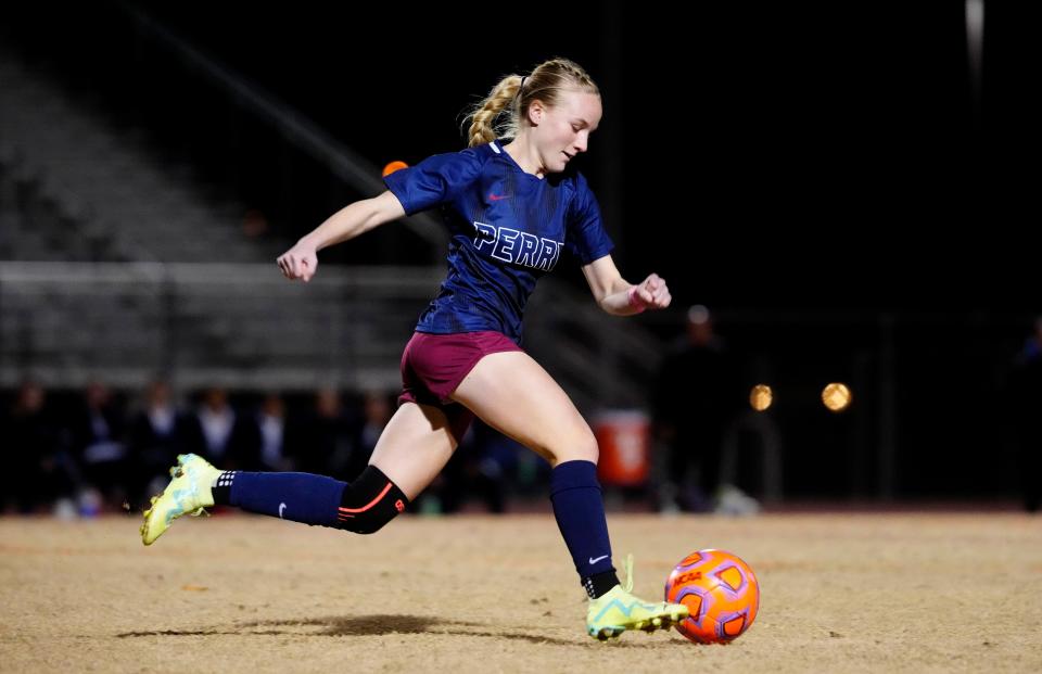 Jan. 25, 2024; Gilbert, Ariz; USA; Perry midfielder Saydie Herbert (12) dribbles up the pitch against Xavier Prep during a game at Perry High School.