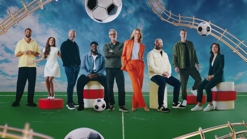 bbc euro 2024 team of rio ferdinand, alex scott, alan shearer, micah richards, gary lineker, gabby logan, wayne rooney, joe hart, rachel corsie shown together against a vibrant background featuring a football pitch, black and white footballs, golden netting and red and white stools