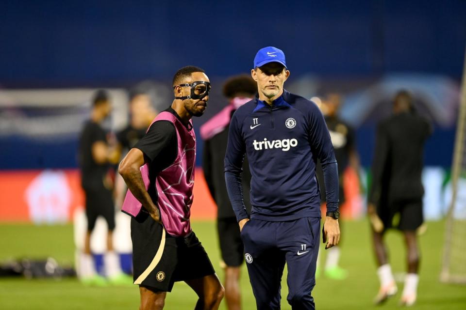 Pierre-Emerick Aubameyang and Thomas Tuchel of Chelsea during a training session (Chelsea FC via Getty Images)