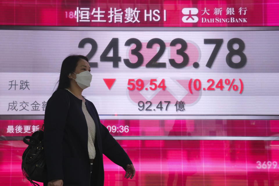 A woman wearing a face mask walks past a bank's electronic board showing the Hong Kong share index in Hong Kong, Monday, Jan. 17, 2022. Shares were mixed in Asia on Monday after China reported that its economy expanded at an 8.1% annual pace in 2021, though growth slowed to half that level in the last quarter. (AP Photo/Kin Cheung)