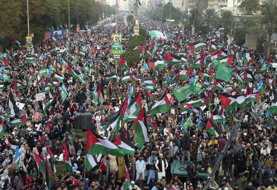 Supporters of Jamaat-e-Islami chant slogans during a protest against Israeli airstrikes and to show solidarity with Palestinian people living in Gaza, in Karachi, Pakistan, Sunday, Jan. 14, 2024. (AP Photo/Fareed Khan)