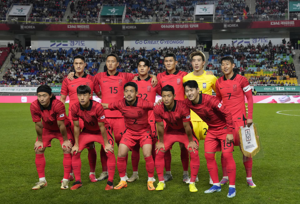 South Korea's national soccer players pose before an international friendly soccer match between South Korea and Vietnam in Suwon, South Korea, Tuesday, Oct. 17, 2023. (AP Photo/Ahn Young-joon).