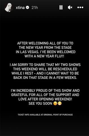 <p>Christina Aguilera/ Instagram</p> Christina Aguilera shares she will be postponing Las Vegas residency shows due to illness.