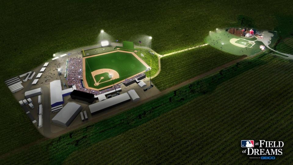 An artist's rendering of the Field of Dreams (right) and the baseball stadium to be built for the Yankees-White Sox game in August 2020.