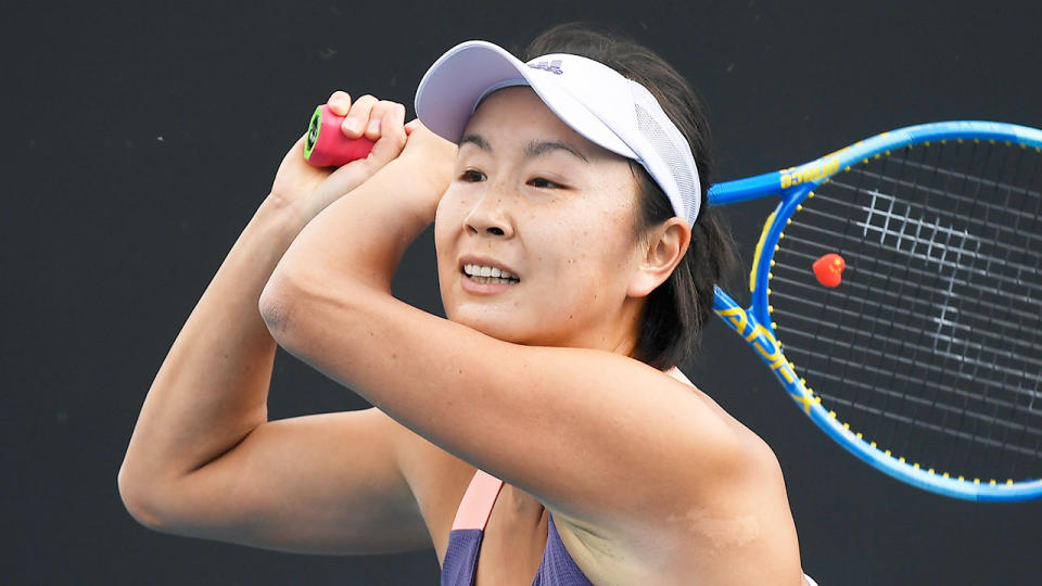 Chinese tennis star Peng Shuai is pictured here returning a shot during a match.