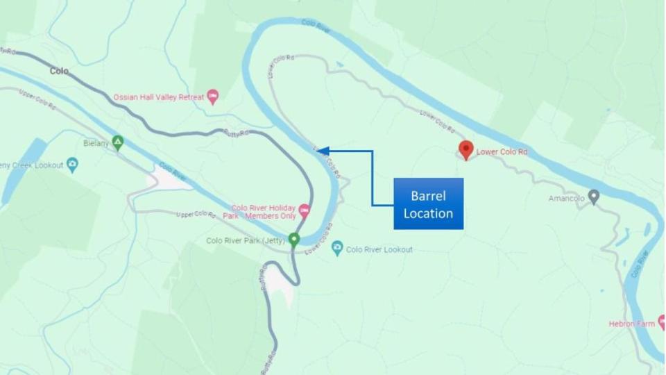 A map showing the location of the barrel that Charlise's body was found in. Image: Supplied