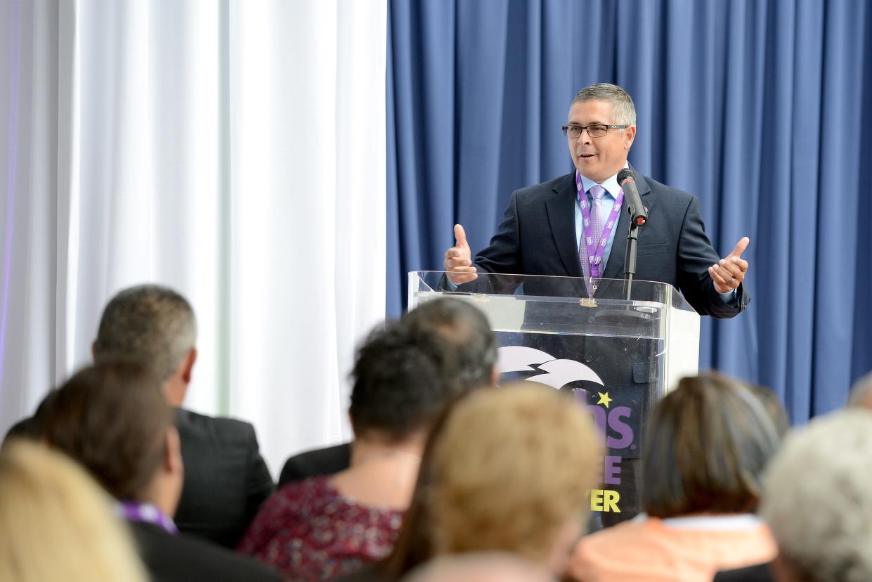 Michell Hicks, principal chief of the Eastern Band of Cherokee, addresses the crowd during the grand opening of Harrah's Cherokee Valley River Casino and Hotel in Murphy in 2015. Hicks, a former three-term chief, beat incumbent Chief Richard Sneed in the Sept. 8 election.