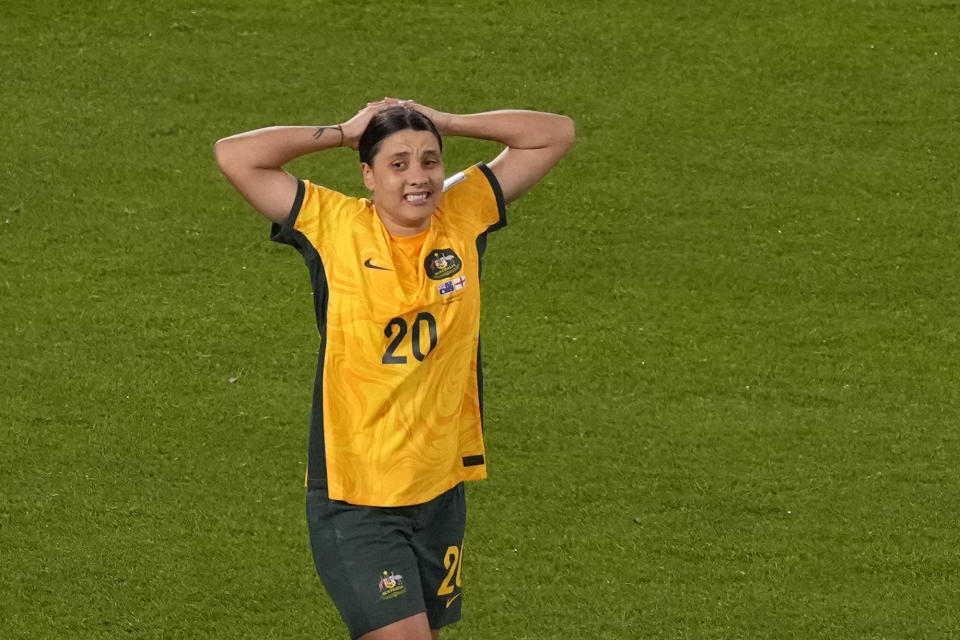 Australia's Sam Kerr reacts after missing a scoring chance during the Women's World Cup semifinal soccer match between Australia and England at Stadium Australia in Sydney, Australia, Wednesday, Aug. 16, 2023. (AP Photo/Mark Baker)