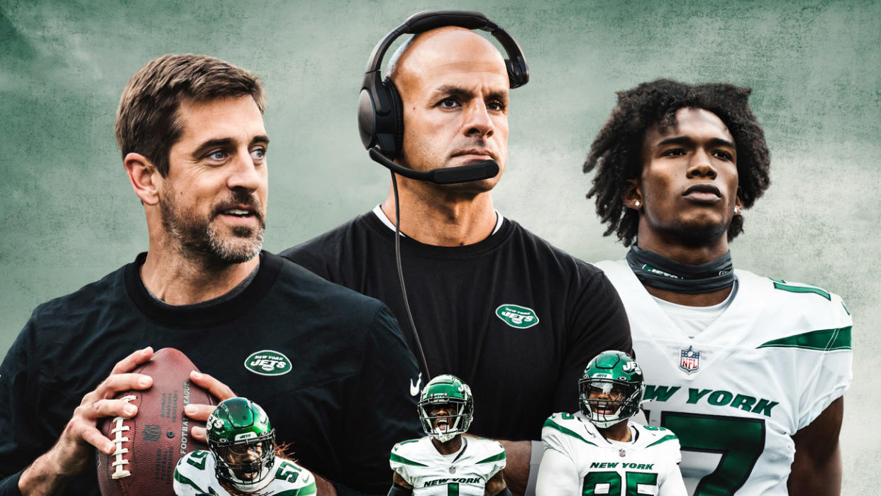 (l to r) Aaron Rodgers, Robert Saleh and Garrett Wilson in the poster for Hard Knocks: Training Camp with the New York Jets 