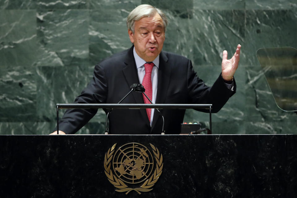 United Nations Secretary General Antonio Guterres addresses the 76th Session of the U.N. General Assembly, Tuesday, Sept. 21, 2021, at United Nations headquarters in New York. (Eduardo Munoz/Pool Photo via AP)