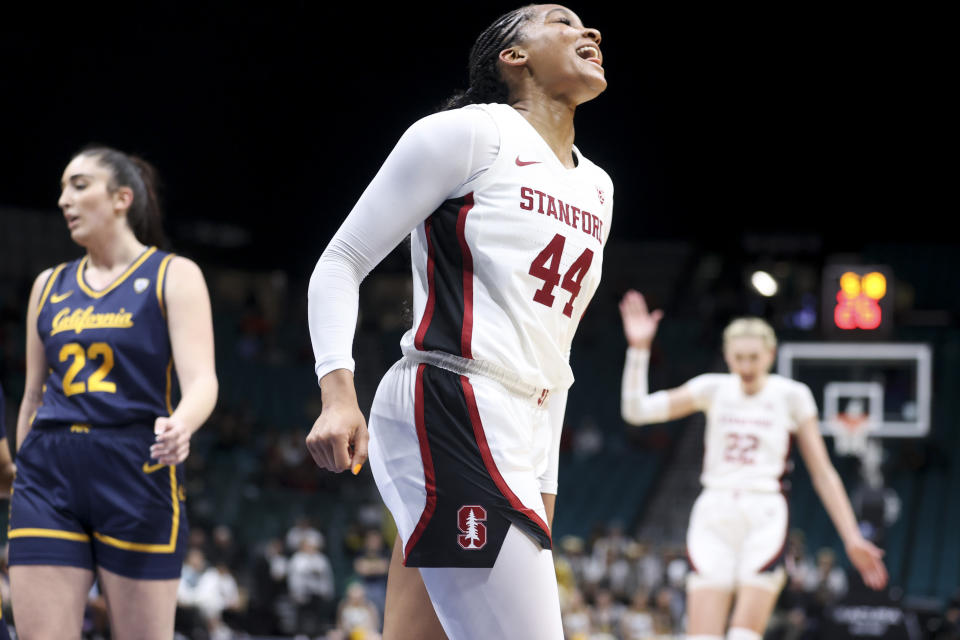 Stanford forward Kiki Iriafen (44) reacts after making a basket while being fouled during the second half of an NCAA college basketball game against California in the quarterfinal round of the Pac-12 tournament Thursday, March 7, 2024, in Las Vegas. (AP Photo/Ian Maule)