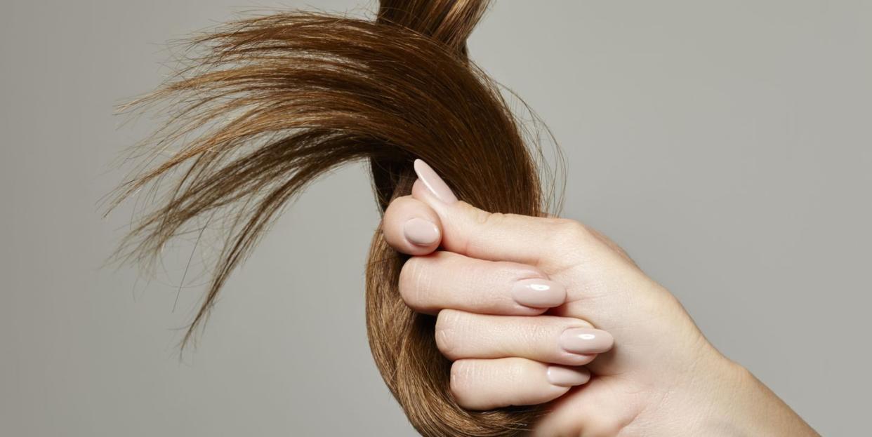 human hand holding brown hair against gray background, close up
