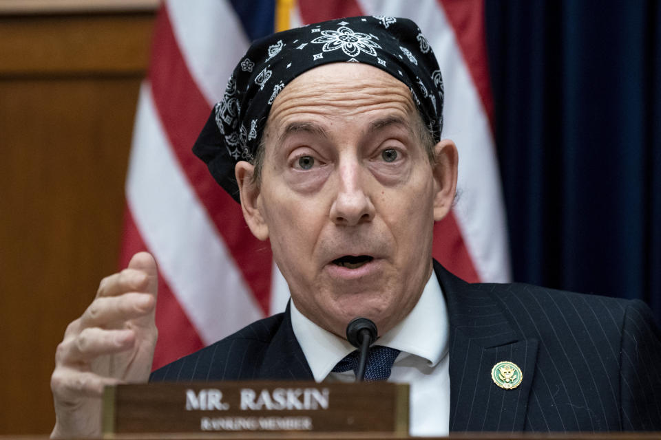 FILE - Rep. Jamie Raskin of Maryland, the top Democrat on the House Oversight and Accountability Committee, offers amendments to the operating rules of the panel during an organizational meeting for the 118th Congress, at the Capitol in Washington, Tuesday, Jan. 31, 2023. On Friday, Feb. 3, The Associated Press reported on stories circulating online incorrectly claiming House Republicans are requiring Raskin to remove the headwear he’s donned on the House floor while undergoing chemotherapy. (AP Photo/J. Scott Applewhite, File)