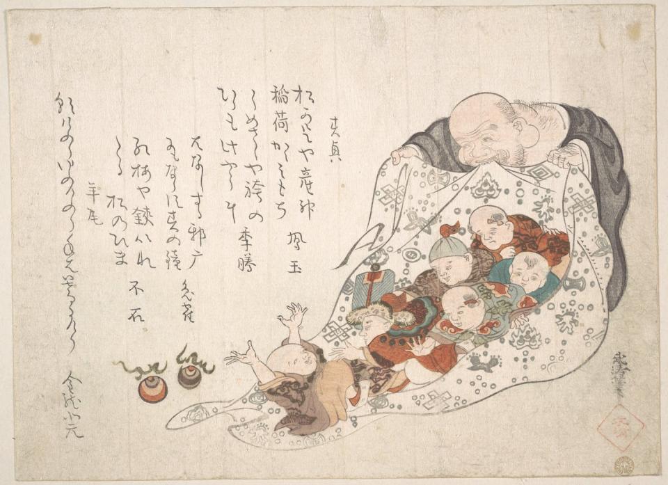 Hotei opening his bag, which is full of children and jewels. <a href="https://www.metmuseum.org/art/collection/search/54328" rel="nofollow noopener" target="_blank" data-ylk="slk:Print by Kita Busei, 1776-1856, via Metropolitan Museum of Art;elm:context_link;itc:0;sec:content-canvas" class="link ">Print by Kita Busei, 1776-1856, via Metropolitan Museum of Art</a>