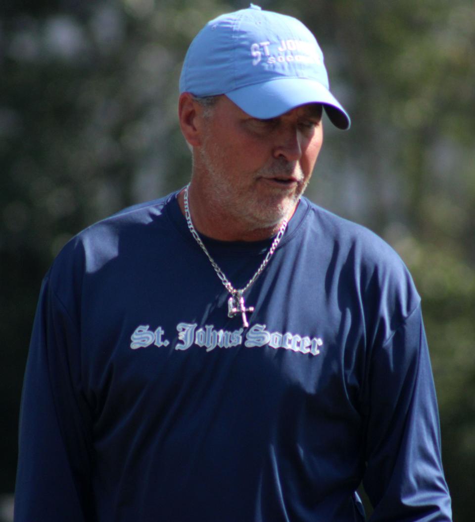 St. Johns Country Day coach Mike Pickett looks on during a high school girls soccer practice in February.