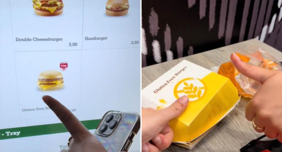 A photo of the gluten free burger on the online ordering menu in McDonald's at Milan airport. A photo of the couple holding their thumbs up to signify they enjoyed the gluten free burger.