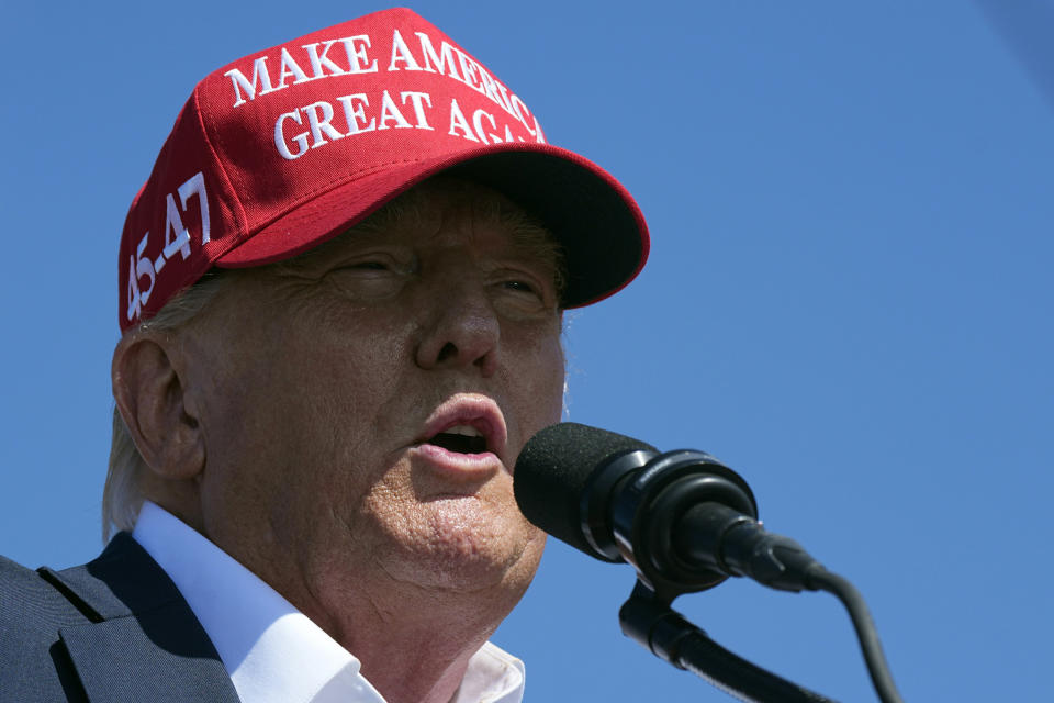 Republican presidential candidate former President Donald Trump speaks at a campaign rally in Chesapeake, Va., Friday, June 28, 2024. (AP Photo/Steve Helber)