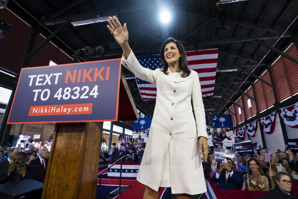 FILE - Republican presidential candidate former UN Ambassador Nikki Haley greets supporters after her speech, Feb. 15, 2023, in Charleston, S.C. Haley has suspended her Republican presidential campaign. The former South Carolina governor ended her White House bid Wednesday, March 6, 2024. (AP Photo/Mic Smith, File)