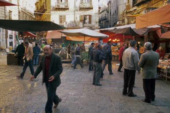 La Vucciria Market fish stalls at Piazza Caracciolo in Taormina Messina province Sicily Italy