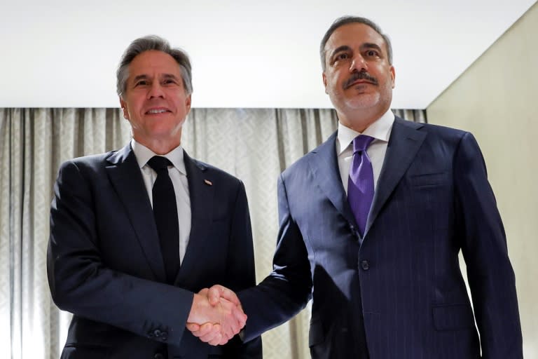 US Secretary of State Antony Blinken met in Saudi Arabia with the Foreign Minister Hakan Fidan of Turkey where Hamas has an office as he pushed for a ceasefire in the Hamas-Israel war and a hostage release (EVELYN HOCKSTEIN)