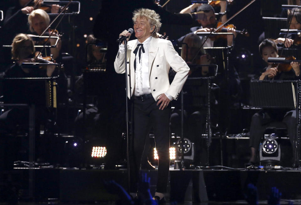 FILE - Rod Stewart performs on stage at the Brit Awards in London, Tuesday, Feb. 18, 2020. Stewart turns 76 on Jan. 10. (Photo by Joel C Ryan/Invision/AP, File)