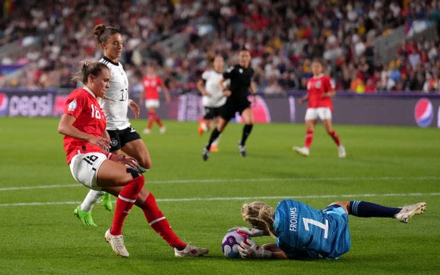 Merle Frohms, right, snuffs out an Austrian attack in the quarter-final
