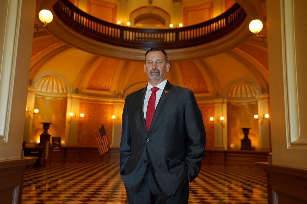 Republican gubernatorial candidate state Sen. Brian Dahle poses in the rotunda of the state Capitol in Sacramento on June 9.