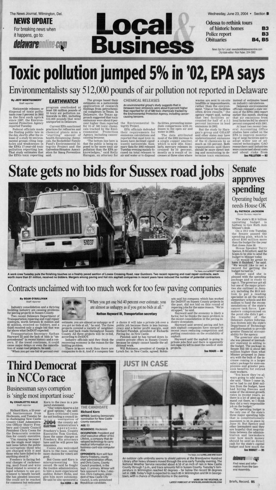 Page B1 of The News Journal from June 23, 2004.