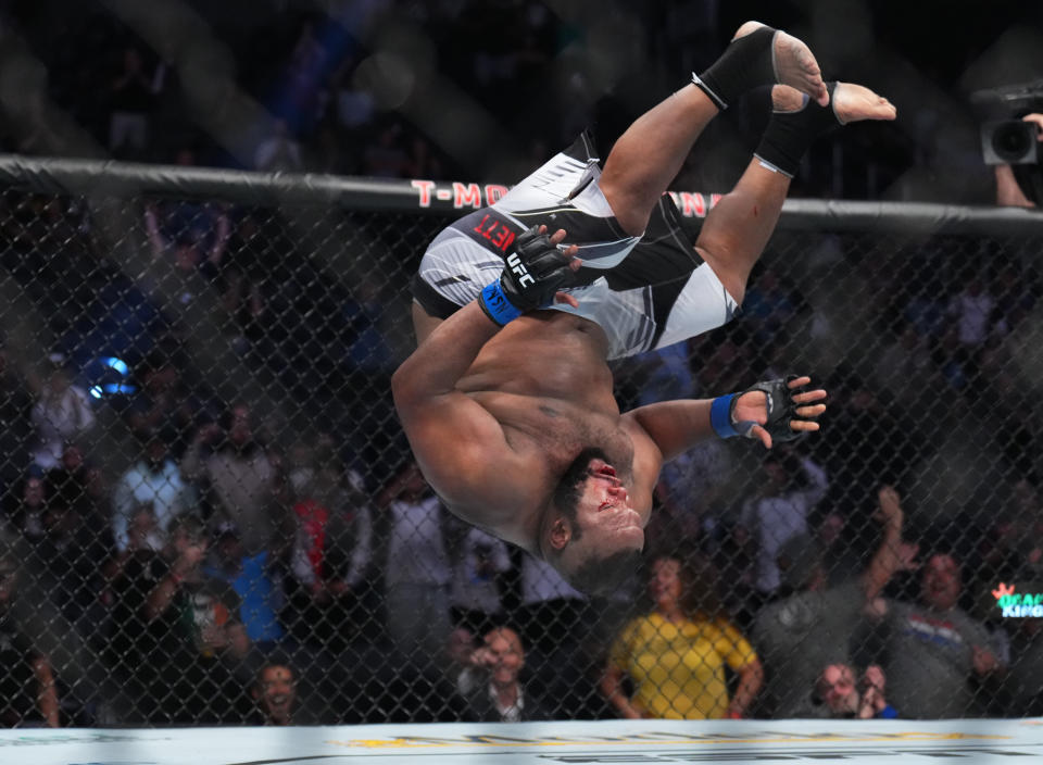 LAS VEGAS, NEVADA - SEPTEMBER 10: Chris Barnett celebrates with a somersault after his TKO victory over Jake Collier in a heavyweight fight during the UFC 279 event at T-Mobile Arena on September 10, 2022 in Las Vegas, Nevada. (Photo by Chris Unger/Zuffa LLC)